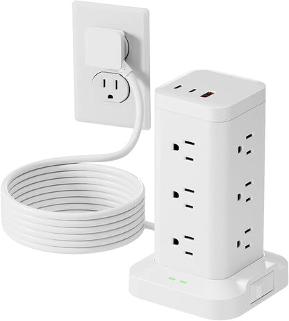 Power Strip Tower with Surge Protector 1800J, Fast Charging Tower PD20W USB-C Ports with 12 AC Outlets, 9.8ft Extension Cord for Home Office Dorm Room, White