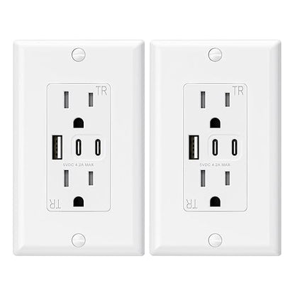 ELEGRP USB Outlets, 15 Amp Wall Outlet with 3 USB Ports, Dual USB C Ports Outlets, TR Tamper-Resistant USB Outlets Receptacles, Wall Plate Included, UL/CUL Listed, 2 Pack, White