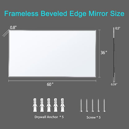 60x36 Inch Bathroom Mirror Frameless Beveled Edge Rectangle Wall Mirror Explosion Proof and Shatterproof Bathroom Vanity Mirror Wall Mounted Hang Firmly (Horizontal or Vertical)