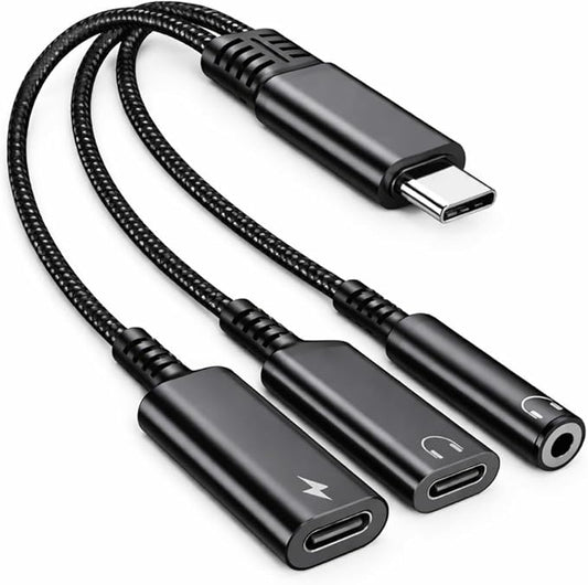 Mizi USB-C Headphone and Charging Adapter 3-in-1 – Type-C to 3.5mm Audio Jack + USB-C PD Charging + Type-C Audio Splitter, Compatible with iPhone, iPad, Samsung Galaxy, Pixel, and More – Black