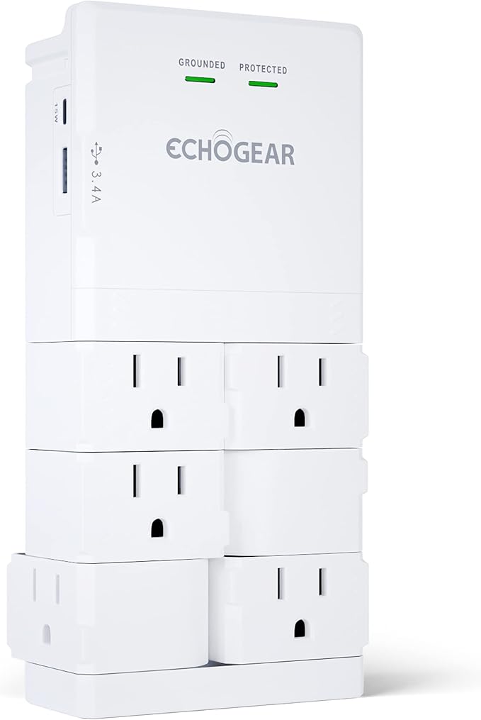 ECHOGEAR Wall Outlet with USB Ports & Surge Protection - Power Protect 8 Devices 6 Rotating AC Plugs 2 Includes 1x USB-C Port USB-A White