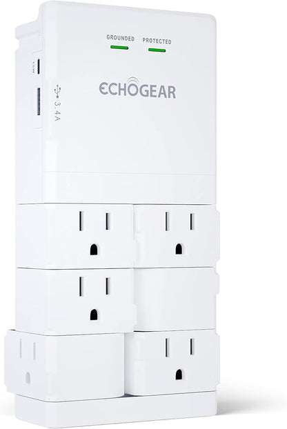 ECHOGEAR Wall Outlet with USB Ports & Surge Protection - Power Protect 8 Devices 6 Rotating AC Plugs 2 Includes 1x USB-C Port USB-A White