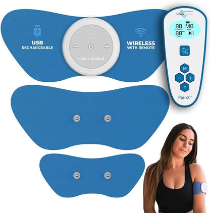 Soterix Medical PainX TENS Wireless Tens Unit Muscle Stimulator with EMS - FSA Tens Unit for Back Pain, Knee, Neck and Face with USB Rechargeable Device and Remote, Designed in USA, 4 Electrode Pads