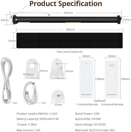 Blindsmart Rechargeable Tuya Zigbee Roller Blinds Motor for 38mm Tube, Motorized Window Shades Automatic Blinds Curtain Opener APP Control, Zigbee Hub Required (Only Motor + Solar Pannel)