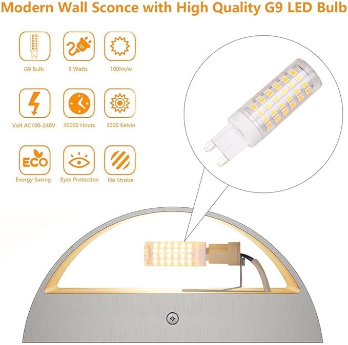 Aipsun Nickel Modern LED Wall Sconce Hardwired Indoor Wall Lights Set of 2 Up and Down Wall Mount Light for Living Room Bedroom Hallway Corridor Conservatory Warm White 3000K(with G9 Bulbs)