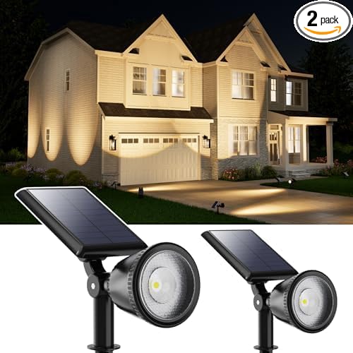 2 Pack Outdoor Solar Powered Spot Lights Waterproof Bright LED Spotlights Outside Uplighting for Yard Flag, Tree, Lawn, Garden, Backyard, House, Driveway, Super Focused Lens Spotlights, Warm White