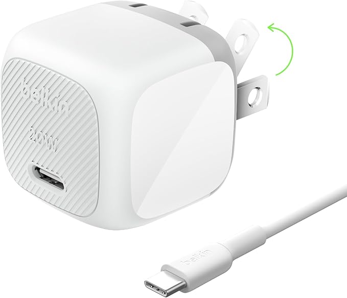 Belkin USB C Charger Block 20W, Fast Charging Block, Type C Wall Charger, USB C Cable Included Compatible w/Apple iPhone 17, Air, Pro, Samsung Galaxy S25, Google Pixel 10, iPad, AirPods, etc. - White