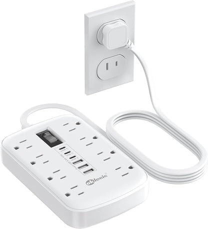 2 Prong Power Strip, 3 to 2 Prong Outlet Adapter, 1700J 2 Prong Surge Protector 5ft Extension Cord with Thin Flat Polarized Plug, 8 AC & 6 USB, Wall Mount for Non-Grounded Outlet, Ideal for Old House