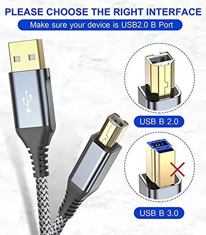 sweguard Printer Cable 20ft, USB Printer Cord USB 2.0 Type A Male to B Male Cable Scanner Cord High Speed Compatible with HP, Canon, Dell, Epson, Lexmark, Xerox, Samsung and More - Grey