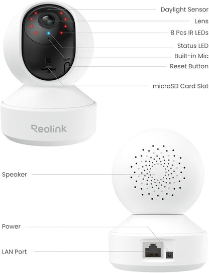 REOLINK E1 Pro 3K PT Wi-Fi Indoor Camera for Baby & Pet Monitoring, Auto Tracking, 5MP Night Vision Enhanced by F1.6 Aperture, Person/Pet/Baby Crying Detection, 2.4/5GHz Wi-Fi, Two-Way Audio