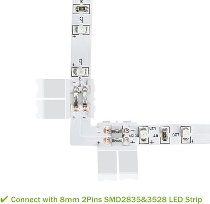 LightingWill 10pcs Pack L Shape Solderless Snap Down 2Conductor LED Strip Connector for Right Angle Corner or 90 Degree Connection of 8mm Wide 3528 2835 Single Color Flex LED Strips