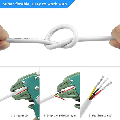 22 Gauge 3 Conductor Electrical Wire, 100FT White Stranded Low Voltage 22/3 PVC Case, 22 AWG Tinned Copper 3 Wire Extension Power for Strips LED Lamp Lighting