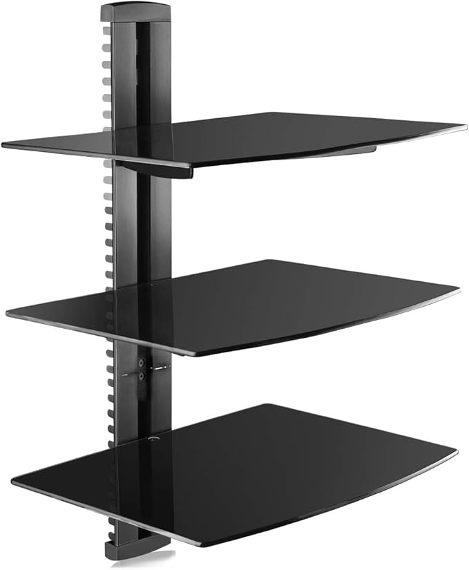suptek 3 Floating Shelf Wall Bracket with Strengthened Tempered Glass for DVD Players/Cable Boxes/Games Consoles/TV Accessories, 3 Shelves, Black, CS303