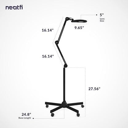Neatfi LED Magnifying Floor Lamp – 1,200 Lumens, 5” Bifocal Lens with 5 & 20 Diopter, Dimmable, Adjustable Arm, Rolling Base, Floor Lamp for Reading, Sewing, Crafting (5 Inches, Black)