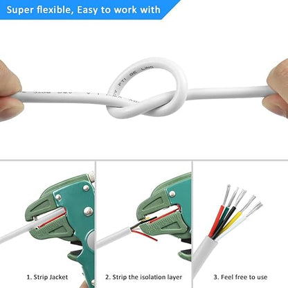 18 Gauge 5 Conductor Electrical Wire, 65.6FT White Stranded Low Voltage 18/5 PVC Case, 18 AWG Tinned Copper 5 Wire Extension Power for Strips LED Lamp Lighting