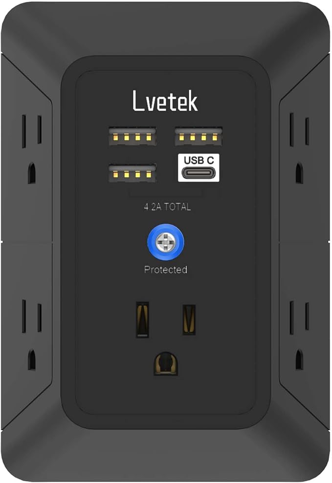 Surge Protector Outlet with 5-Multi Plug Outlet and 4 USB Ports (1 USB C), 3-Sided 1680J Power Strip Wall Charger for Home, Travel, Office - ETL Listed, Black
