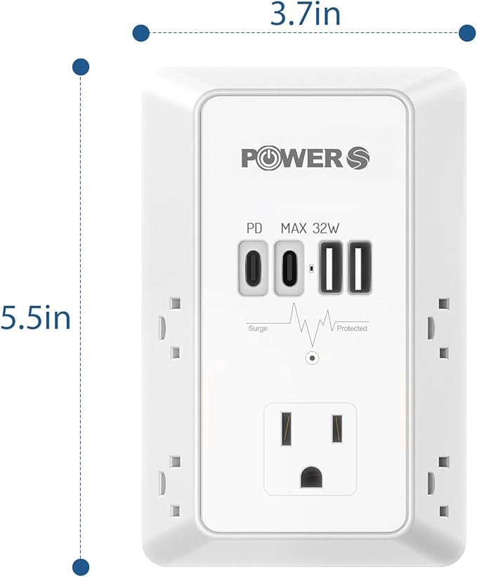 20W PD Fast Charging Wall Outlet with USB Ports (2C2A), Electrical Outlet Extender, Surge Protector, Wall Plug Adapter for Multiple Devices, Wall Socket Expander