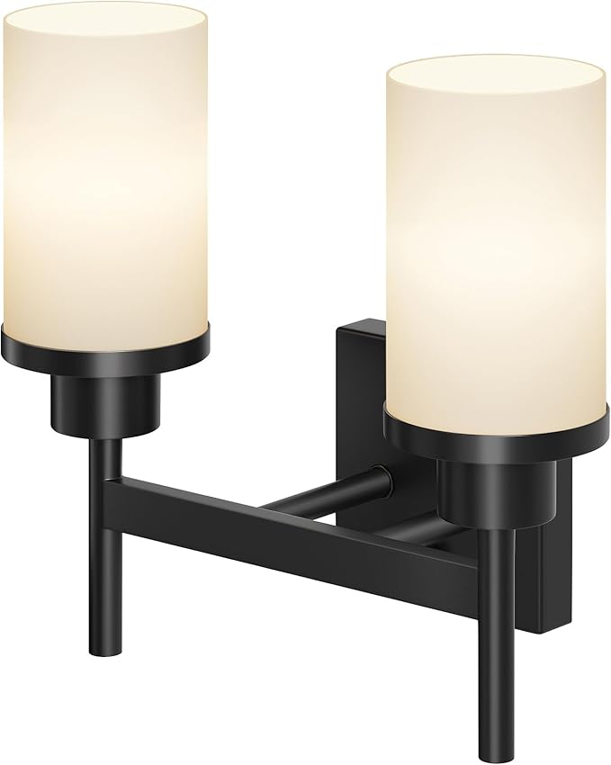 AONEON Wall Light Fixtures Matte Black Bathroom Vanity Lights Over Mirror with White Frosted Glass, Double Wall Lamps for Hallway Washroom Porch T001MB-L2