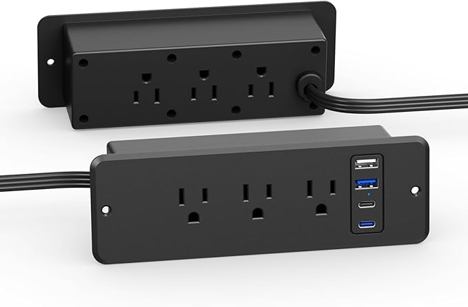 CCCEI 6 Outlets Dual Side Recessed Power Strip with USB C Ports, Furniture Flush Mount, Under Desk, Desk Top Multiple Outlets, Hidden Charging Station for Conference Table, Nightstand, Black. 6FT.