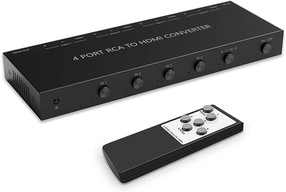 4 Port RCA to HDMI Converter 1080P/720P RCA Composite CVBS AV Switch to HDMI Converter Adapter Support 4:3/16:9 Switch, for Sega Xbox PS1 PS2 PS3 N64 NGC SNES WII VHS VCR Camera DVD(With Remote）