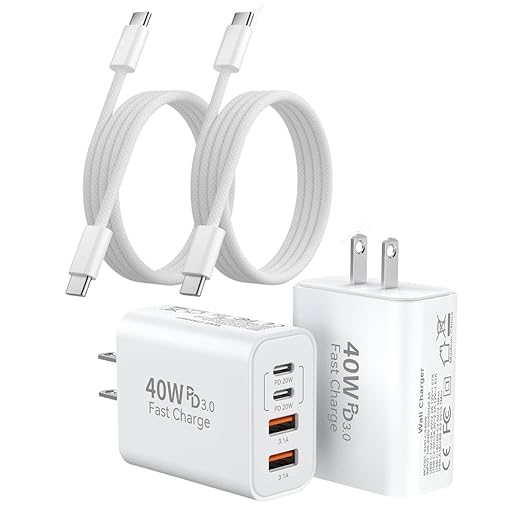 2Pack iPhone 17/16/15 Pro Max USB C to C Woven Cable Cord,PD 40W Type C Apple Charger 4 Port Wall Plug with 3FT USB C-C Fast Charging Woven Cord for iPhone 17 Air/16e/17/16/15/15 Plus/Pro/Pro Max/iPad