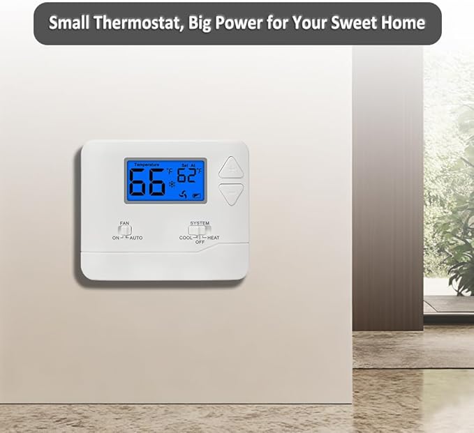NonProgrammable Thermostat for Home, Digital Energy-Saving Thermostat,Single-Stage Systems, 1 Heat/1 Cool, Easy DIY Install, Blue Backlight