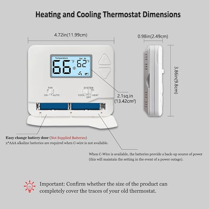NonProgrammable Thermostat for Home, Digital Energy-Saving Thermostat,Single-Stage Systems, 1 Heat/1 Cool, Easy DIY Install, White Backlight