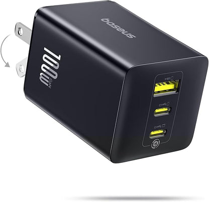 Baseus 100W USB C Charger Block, 3-Port Foldable Compact PPS Wall Charger, Fast Charging Power Adapter for MacBook Pro/Air, iPad, iPhone 17 Pro Max/Air, Galaxy S24, Steam Deck & More