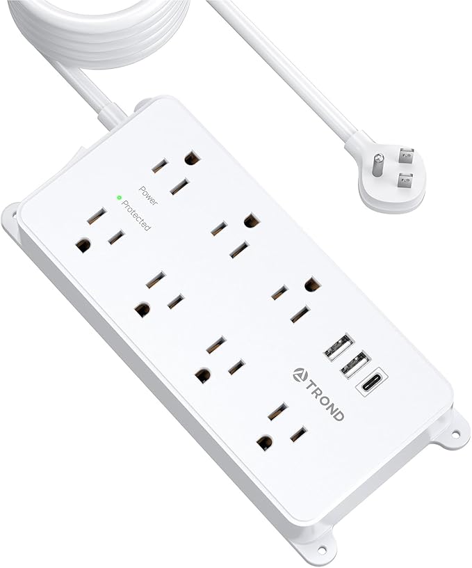 TROND Surge Protector Power Strip Flat Plug, 15ft Long Extension Cord, 7 Widely-Spaced Outlets with 2 USB-A & 1 USB-C, ETL Listed, 1700J, Wall Mountable, for Home Office Garage, White