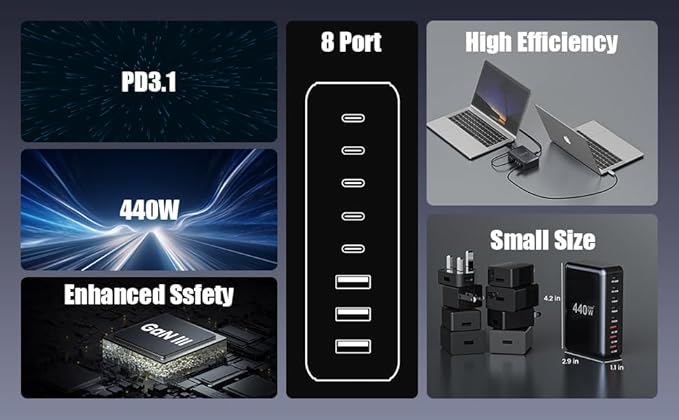 440W USB C Charger Block,8-Port USB C Charging Station GaN IV Travel Essentials Multiple Port Charging Station,65W Laptop Fast Charger Adapter for MacBook Pro/Air,DELL,iPad,iPhone,Samsung Galaxy