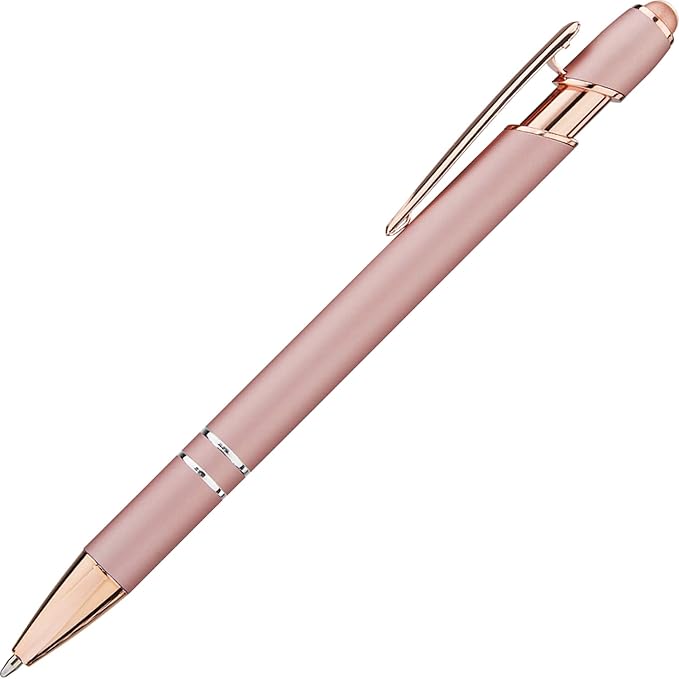 LINFANC 12 Pack Rose Gold Ballpoint Pen with Stylus Tip, 1.0 mm Black Ink Smooth Writing Pens, Metal Stylus Pens for Touch Screens