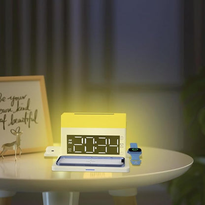 IHAO 6in1 Smart Alarm Clock with Wireless Charger RGB Mood Light 15W Fast Wireless Charging for All Qi Phone TWS Headphone Compliant with i-Watch 7 Color Night Light Large Digital Display-White