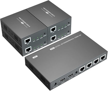150m HDMI Splitter Extender 1x4 Transmit Remote 1080P Audio Video Over Cat5e/6 Ethernet Mirror 4 Screens Support Loopout Remote 1 in 4 Out for TV