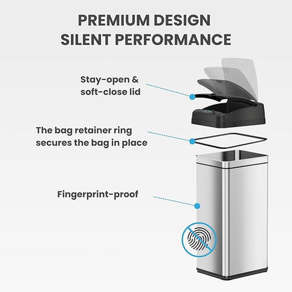iTouchless 13 Gallon Kitchen Trash Can with Odor Filter, Automatic Motion Sensor Bin, Soft-Close Stainless Steel, Slim Wastebasket for Narrow Spaces, Silver