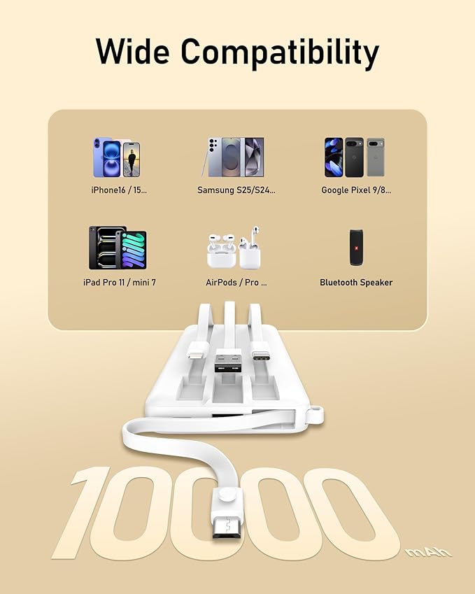 VEEKTOMX Portable Charger Built-in Cables, 10000mAh Power Bank for iPhone, Fast Charge USB C Battery Pack Travel Essentials Powerbank Compatible with iPhone 17/16/15/14, Samsung S25/24, Android, etc