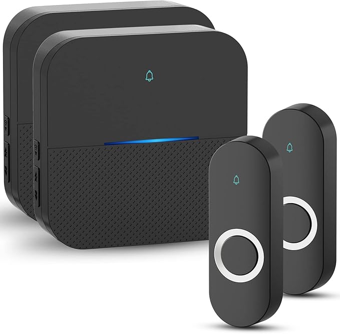 AIDA Lighted Wireless Doorbell, Home Waterproof Doorbell 1,000ft Range, 5 Volume Levels with 58 Doorbell Chimes & LED Flash (Black, Doorbell with 2 transmitters & 2 Receivers)