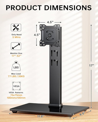 Single Monitor Stand, FreeStanding Desk Stand for 13-32 inch Screens, VESA Mount Monitor Riser with Swivel, Tilt, Rotation, 4 Height Options, Tempered Glass Base, Max Load 77lbs VESA 75x75mm-100x100mm