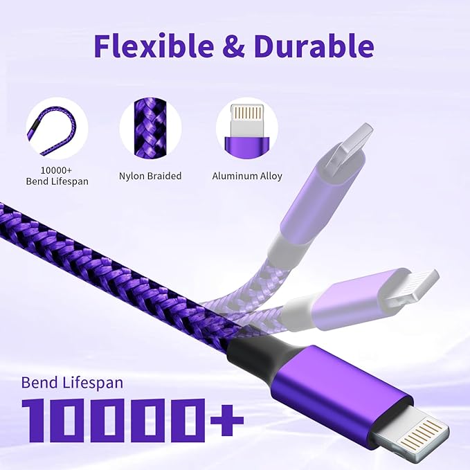 USB C Multi Charging Cable, (2 Pack 4FT), 3 in 1 Charging Cable Nylon Braided Universal Charger Cable with Type-C, Micro USB,IP Port for iPhone16/15 Series/Cell Phones & Pads and Other Devices-Purple
