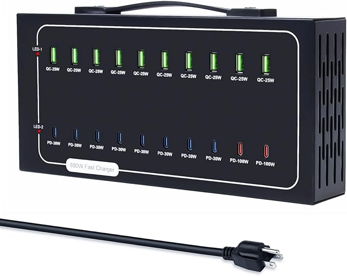 690W USB Charging Station, 20 Port Fast Charging Station for Multiple Devices, PD 100W USB C Charger Block, Smart Power Delivery & Multi Protection for Laptop MacBook iPhone, iPad, Tablet, and More