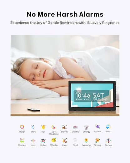 10.1" Large Digital Clock with Date and Day for Elderly, Remote Control Digital Calendar with 12 Themes, Auto Dimming, 23 Customizable Schedules, AutoDST, Indoor Temperature & Humidity, Wall Mounted