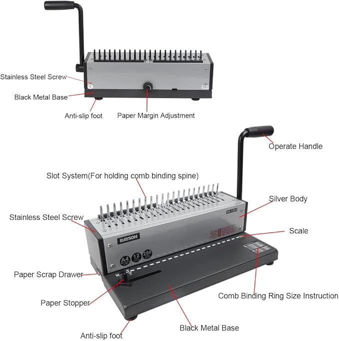 Rayson SD-1201 Binding Machine Punching and Binding with Combs Set - 21 Hole/ 200 Sheets Paper Comb Binder