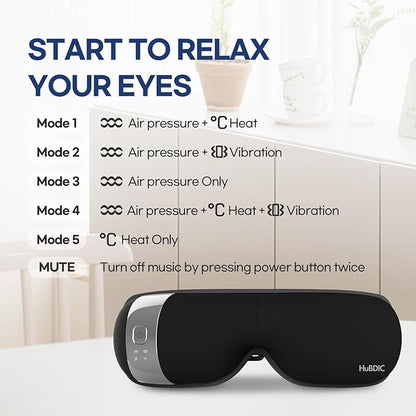HubiCare Eye Massager with Heat, Vibration, and Music Helps Relieve Strain, Dark Circles, Dryness, and for Migraine Relief Relaxation and Better Sleep Valentines Day Gifts for Women/Men (Black)