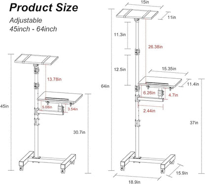 Facilife 2 Shelves Projector Stand Tripod, Height Adjustable Max 64", Mobile Laptop Cart on Wheels Projector Tripod Stand, Overbed Table with Wheels, Rolling Laptop Floor Stand for Couch