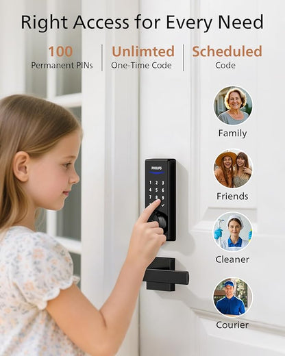 Philips Fingerprint Smart Lock, Keyless Entry Door Lock, Smart Door Locks for Front Door, Keypad Deadbolt, APP Control, 9-Month Long Battery