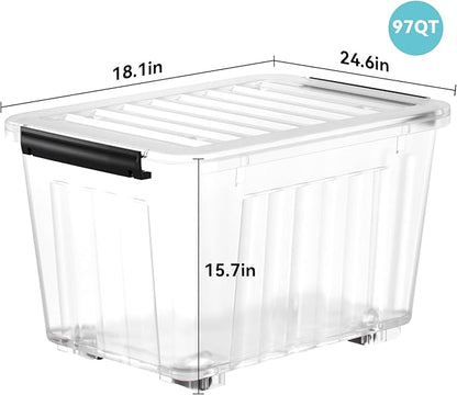 Nazhura 97 Quart Plastic Storage Bin, Stackable and Nestable Storage Boxes with Lids and Secure Latching Buckles, Large Storage Container (Clear, 97Quart-4Pack)