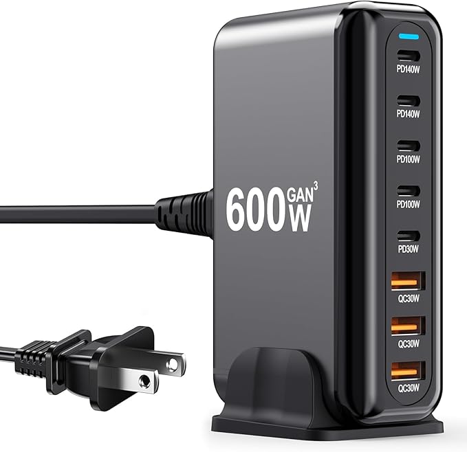 600W USB C Charger 100W USB C Charger Block, GaN III 8-Port Fast Charging Station Hub,PD 3.1 140W Laptop Charger Adapter Compatible with MacBook Pro/Air,DELL,Steam Deck,iPhone 16/15/14,Galaxy S25