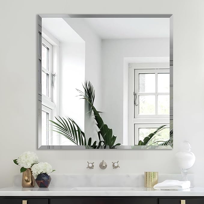 30x30 Inch Bathroom Mirror Frameless Beveled Edge Rectangle Wall Mirror Explosion Proof and Shatterproof Bathroom Vanity Mirror Wall Mounted Hang Firmly (Horizontal or Vertical)