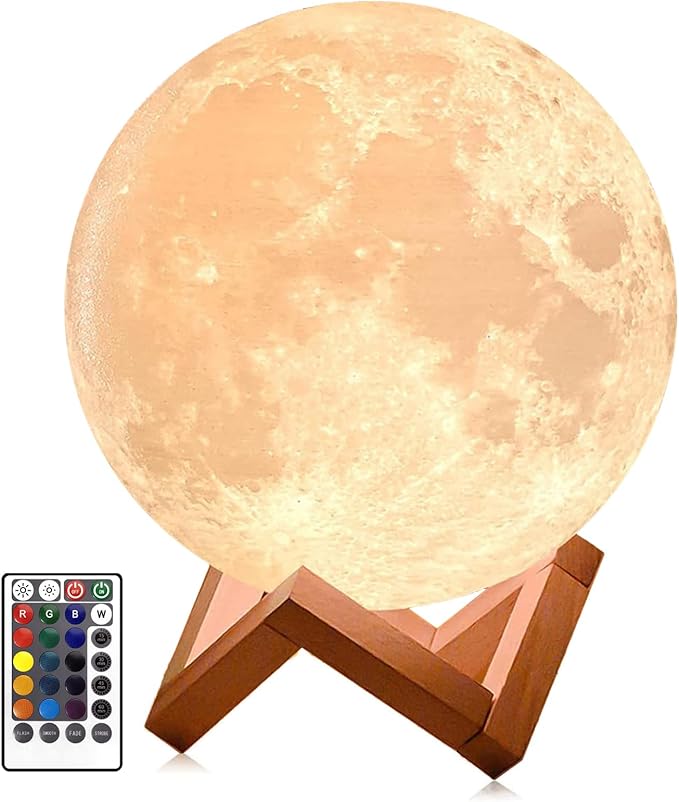 PRUGNA Moon Lamp, 1200mAh Ultra-Long Endurance Night Light, 7.1" 16 Colors LED Moon Light, Remote&Touch Control Room Decor Lamps for Kids Women Gift