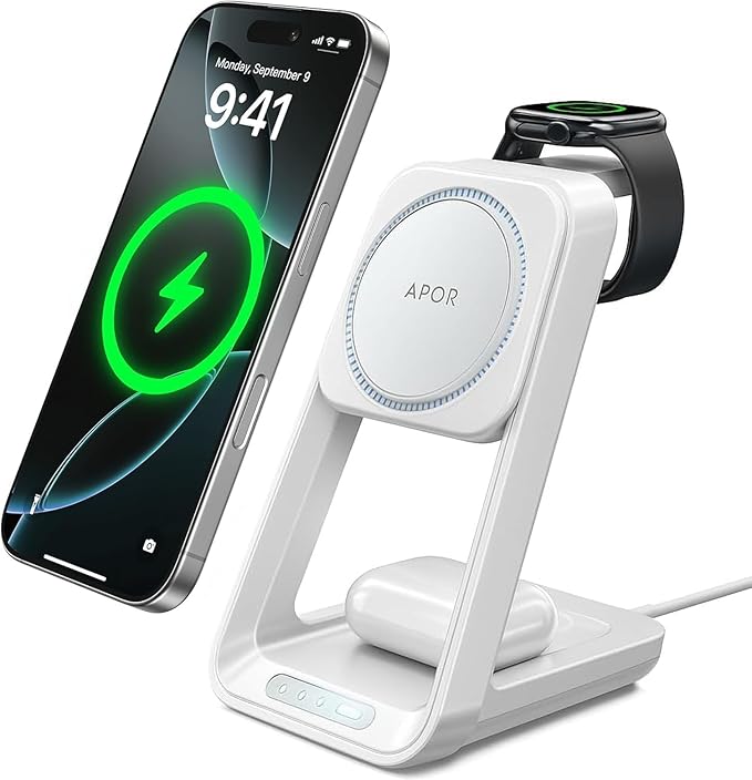 Apor 3 in 1 Charging Station for iPhone, Magsafe Wireless Charger with Cooling Fan for iPhone 17 16e 16 15 14 13 12 Series & Apple Watch Charger, Wireless Charging Station for AirPods 4/3/Pro (White)