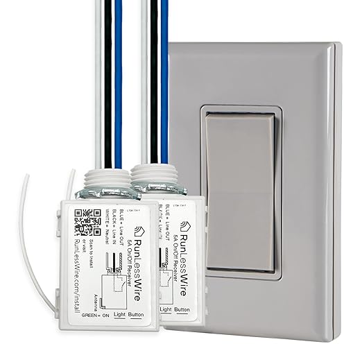 RunLessWire 2 Fixture Battery-Free DIY Kinetic Wireless Light Switch Kit 150ft RF Range for Different Fixtures or Outlets: 1 Remote Switch Controls 2 5A On/Off Receivers Simultaneously – Gray
